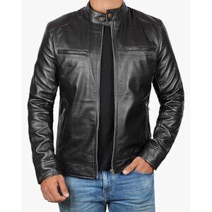 Mens Black Leather motorcycle Jacket  Zipper Pockets & Stand Collar Size XXL